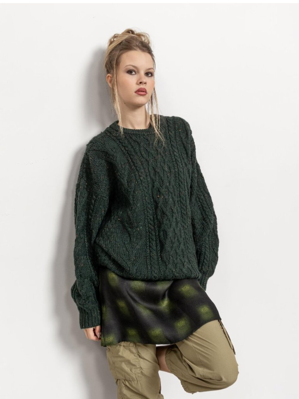 Vintage Irish Wool Cable Knit Sweater: Green Flecked Heather, Oversize Pullover